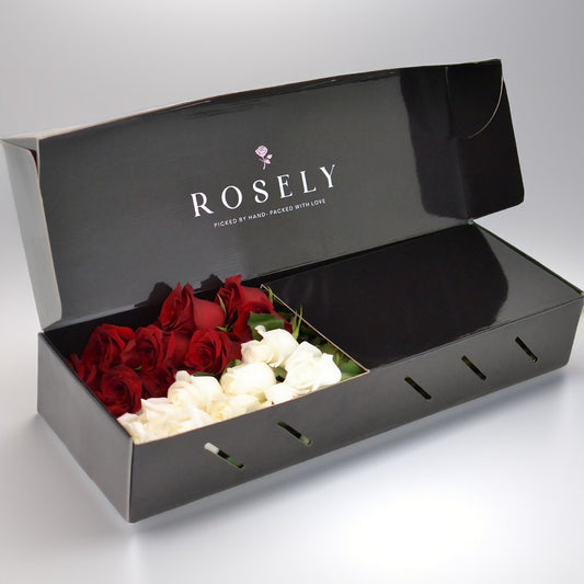 Timeless Love LYX – Vita & Röda Rosor i Box | ROSELY